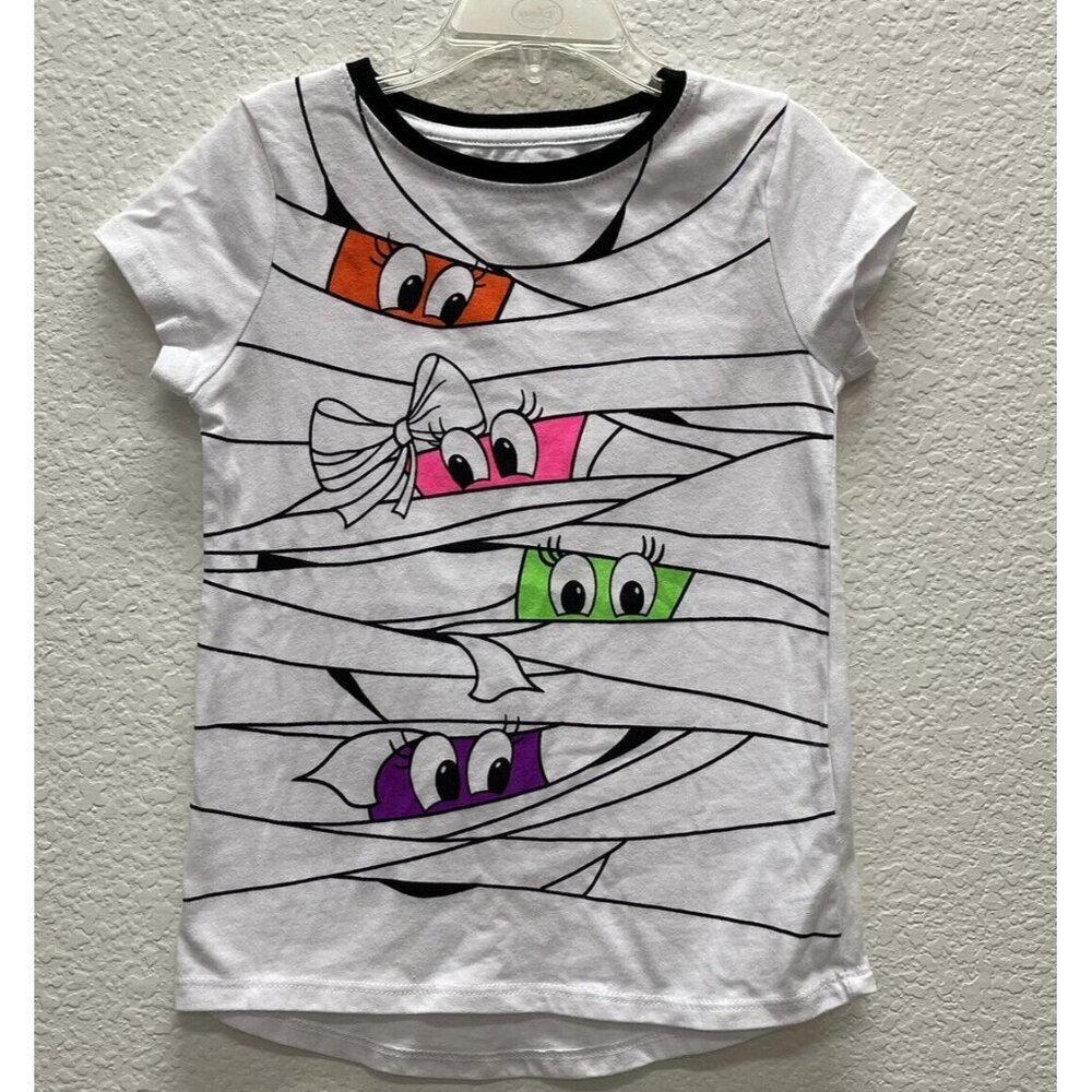 Halloween Girls Small 6 6x White Black Mummy Neon Faces Short Sleeve October